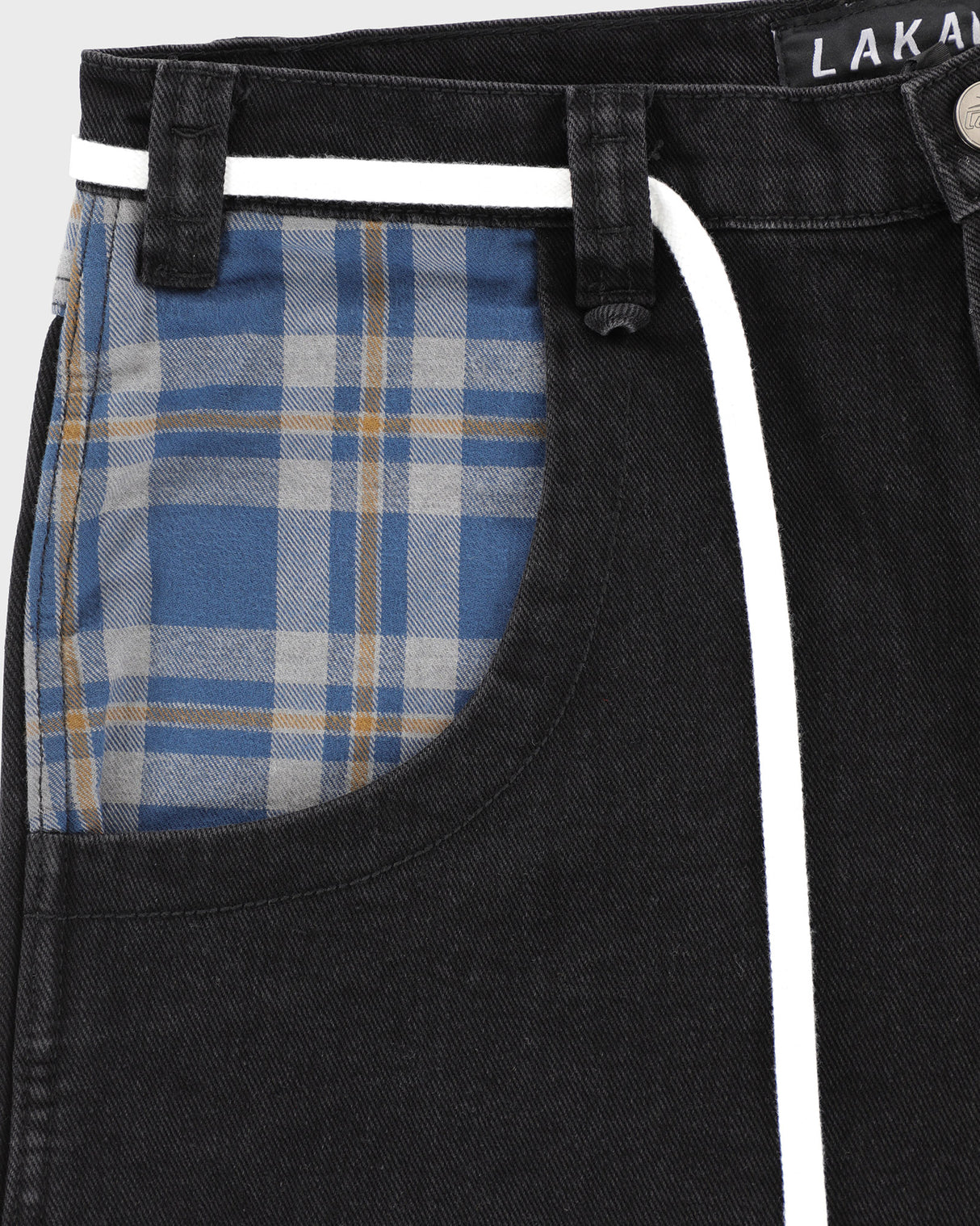 Plaid Contrast Wide Leg Denims - Black