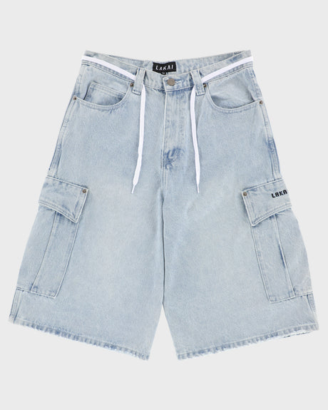 Light blue denim cargo shorts on a white background